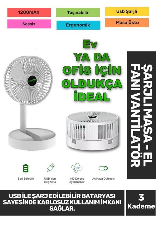 Sessiz 3 Kademeli Hafif Kablosuz 1200mAh Pervaneli Taşınabilir Usb Şarjlı Masa El Fanı Vantilatör