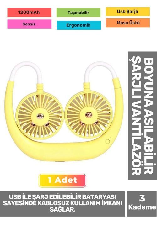 Premium Sessiz Sarı Eller Serbest Boyuna Asılabilir Şarjlı 3 Kademeli Vantilatör Klima Soğutucu Fan
