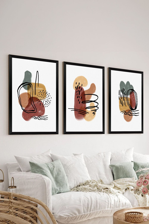3 Parça Siyah Çerçeve Görünümlü Mdf Tablo Seti - Set 8