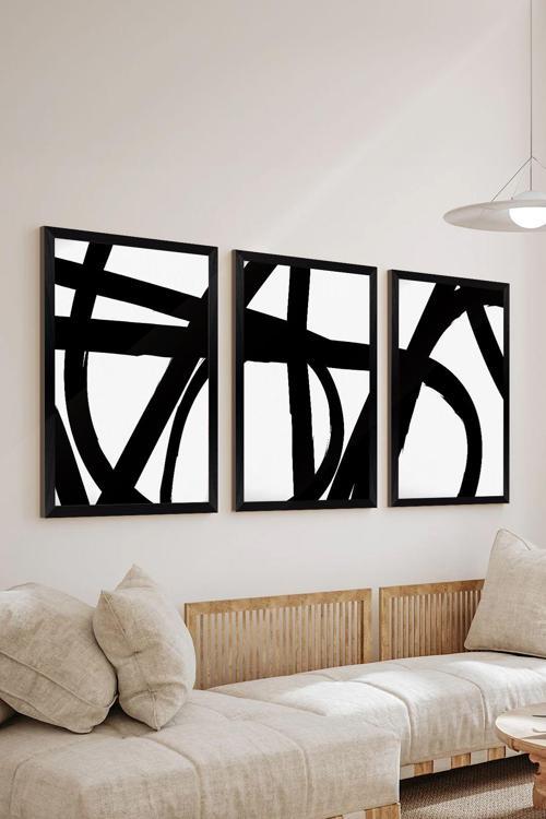 3 Parça Siyah Çerçeve Görünümlü Mdf Poster Tablo Seti - Set 35