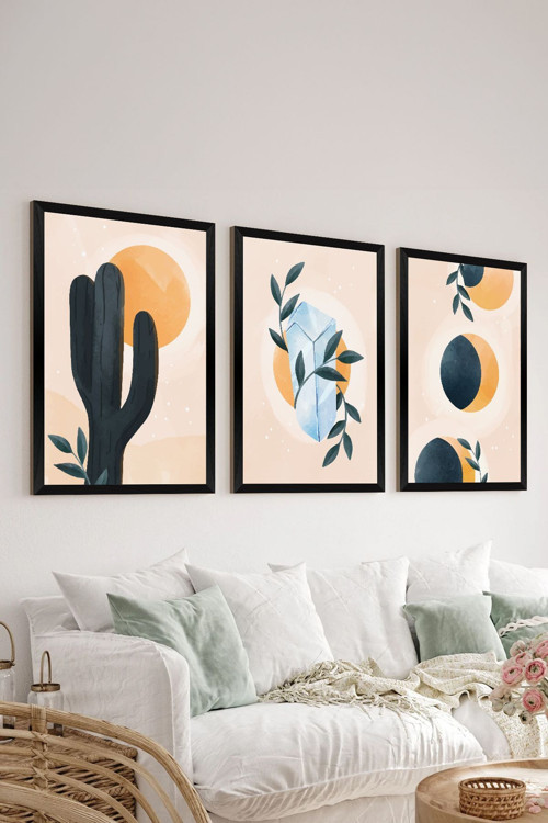 3 Parça Siyah Çerçeve Görünümlü Mdf Tablo Seti - Set 6