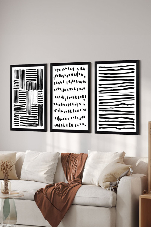 3 Parça Siyah Çerçeve Görünümlü Mdf Poster Tablo Seti - Set 33