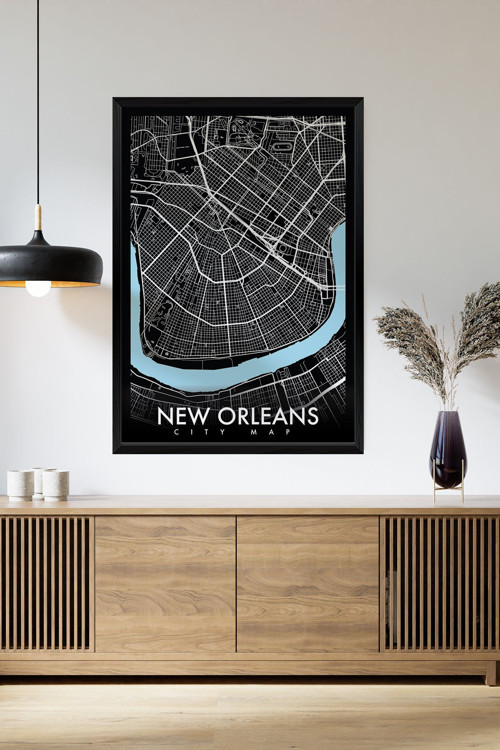 Tek Parça Siyah Çerçeve Görünümlü "New Orleans Siyah" Harita Mdf Tablo