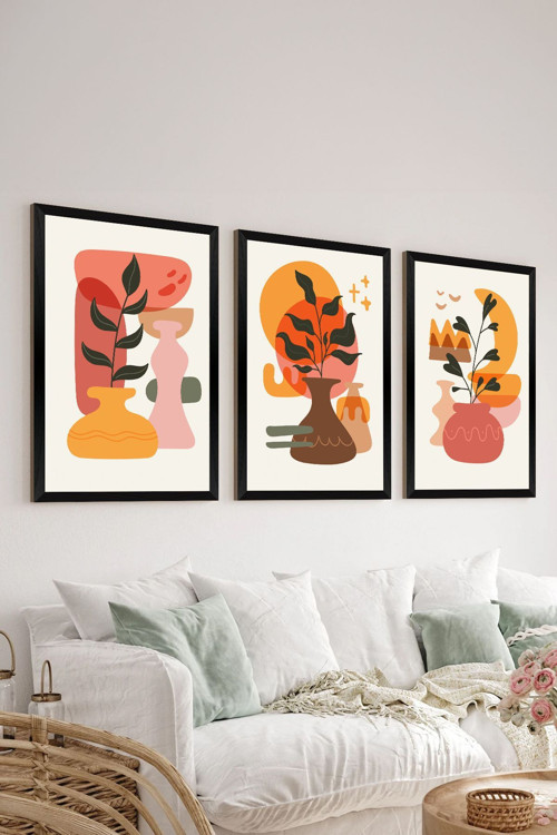 3 Parça Siyah Çerçeve Görünümlü Mdf Tablo Seti - Set 20