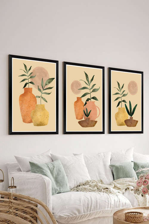3 Parça Siyah Çerçeve Görünümlü Mdf Tablo Seti - Set 28