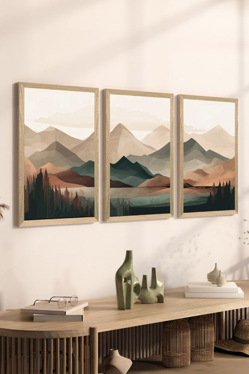 3 Parça Ahşap Çerçeve Görünümlü Mdf Tablo Seti - Ersycrvsz3Set18