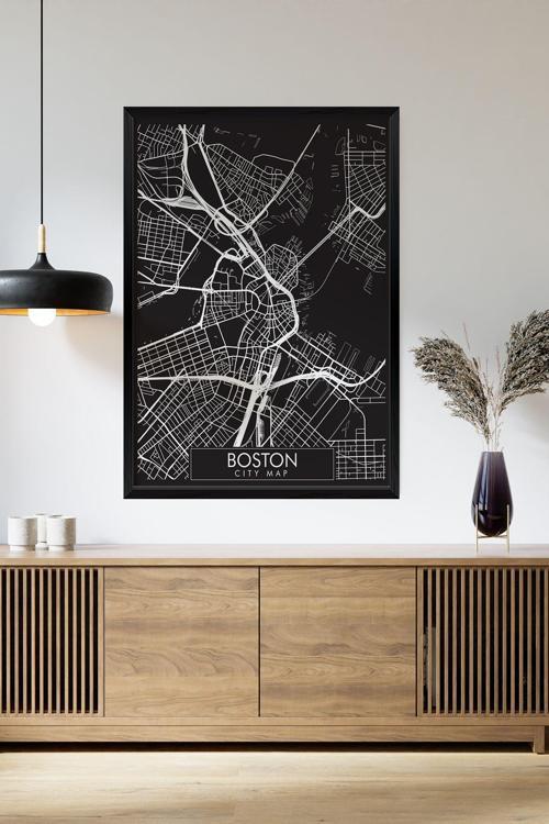 Tek Parça Siyah Çerçeve Görünümlü "Boston Siyah" Harita Mdf Tablo