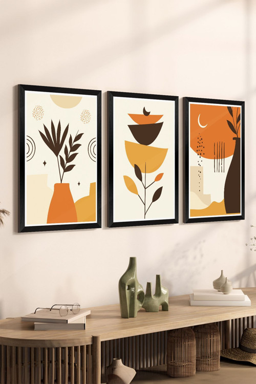 3 Parça Siyah Çerçeve Görünümlü Mdf Tablo Seti - Set 15