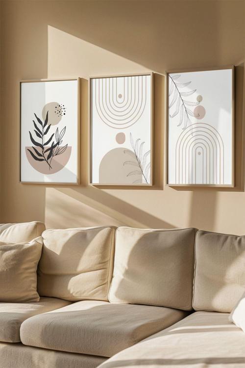 3 Parça Gerçek Ahşap Renkli Çerçeveli Tablo Seti - Model 7