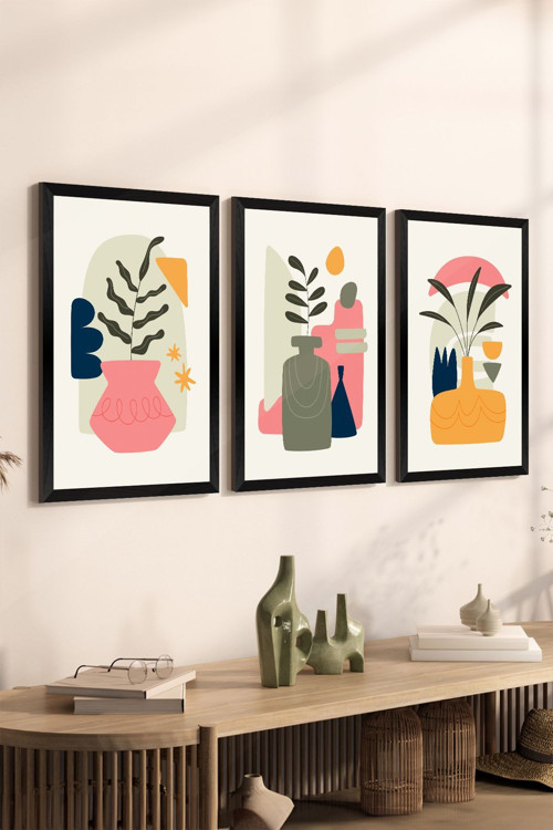 3 Parça Siyah Çerçeve Görünümlü Mdf Tablo Seti - Set 21