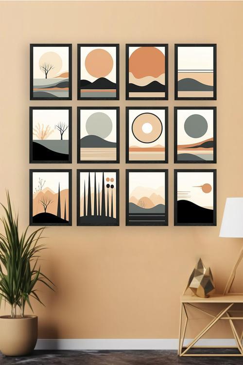 12 Parça Siyah Çerçeve Görünümlü Mdf Tablo Seti