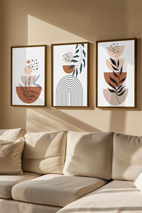 3 Parça Gerçek Ahşap Renkli Çerçeveli Tablo Seti - Model 14