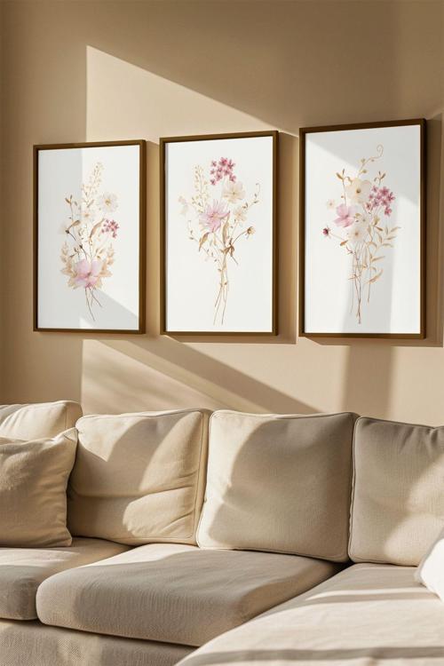 3 Parça Gerçek Ahşap Renkli Çerçeveli Tablo Seti - Model 19