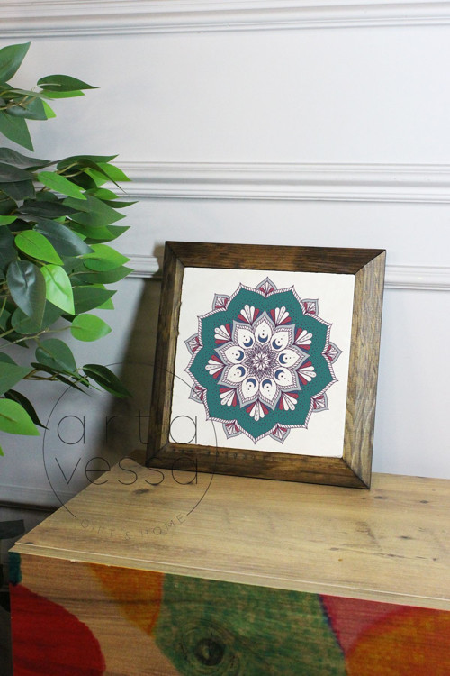 Masif Ahşap Çerçeveli Taş Tablo Pano 16 X 16 Cm - Mandala 4