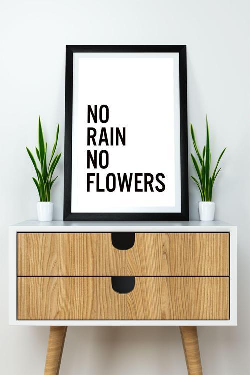 Tek Parça Çerçeve Görünümlü Yazılı Mdf Tablo "No Rain No Flowers"