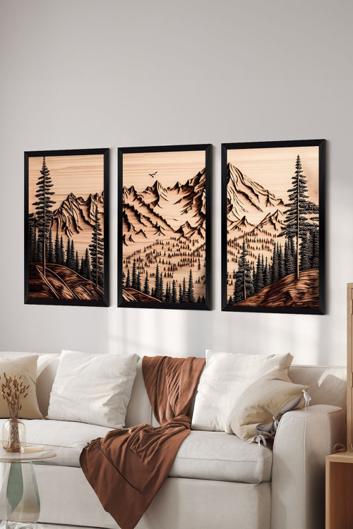 3 Parça Siyah Çerçeve Görünümlü Mdf Poster Tablo Seti - Set 1