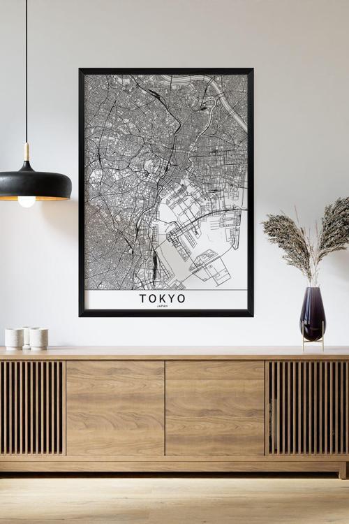 Tek Parça Siyah Çerçeve Görünümlü "Tokyo Beyaz" Harita Mdf Tablo