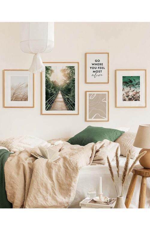 5 Parça Ahşap Çerçeve Görünümlü Mdf Tablo Seti