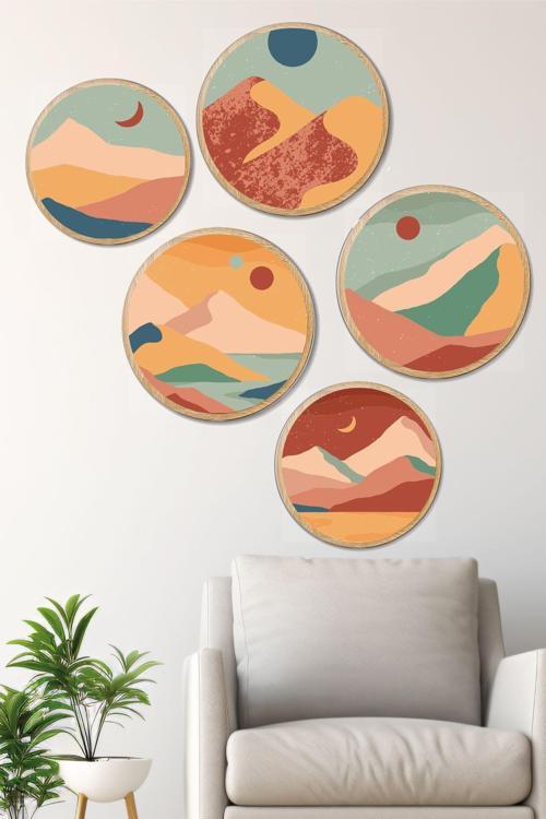 Dekoratif Oval 5 Parça Çerçeve Görünümlü Mdf Tablo Seti