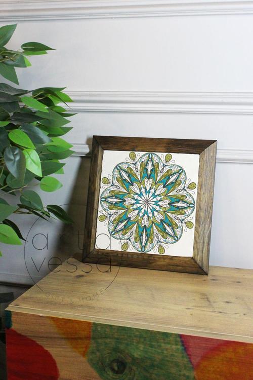 Masif Ahşap Çerçeveli Taş Tablo Pano 26 X 26 Cm - Mandala 5