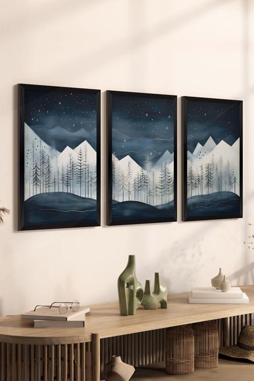 3 Parça Siyah Çerçeve Görünümlü Mdf Poster Tablo Seti - Set 14
