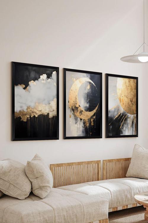 3 Parça Siyah Çerçeve Görünümlü Mdf Poster Tablo Seti - Set 11