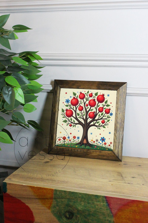 Masif Ahşap Çerçeveli Taş Tablo Pano 26 X 26 Cm - Nar Bereket Ağacı