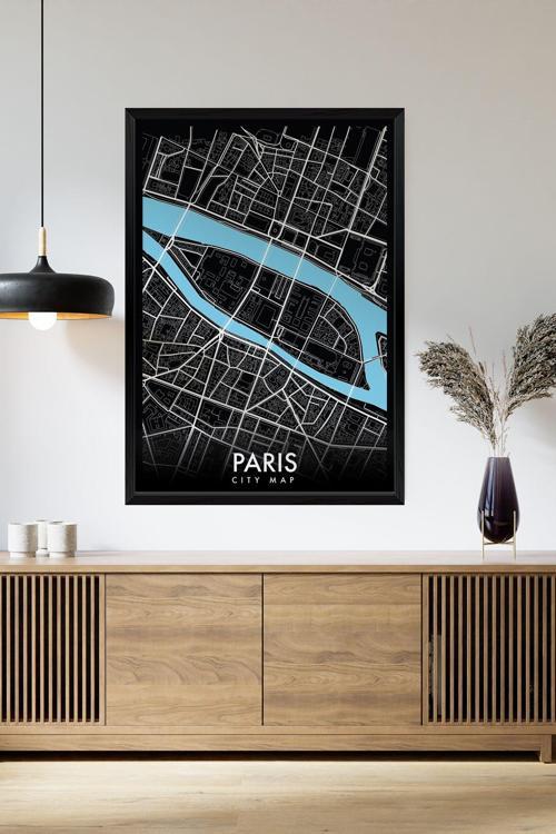 Tek Parça Siyah Çerçeve Görünümlü "Paris Siyah" Harita Mdf Tablo