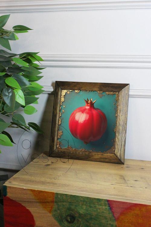 Masif Ahşap Çerçeveli Taş Tablo Pano 26 X 26 Cm - Nar