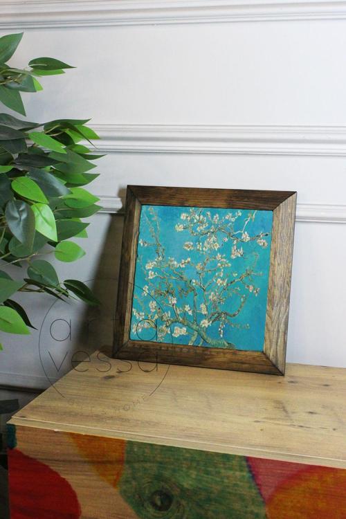 Masif Ahşap Çerçeveli Taş Tablo Pano 26 X 26 Cm - Vincent Van Gogh-Almond Blossom