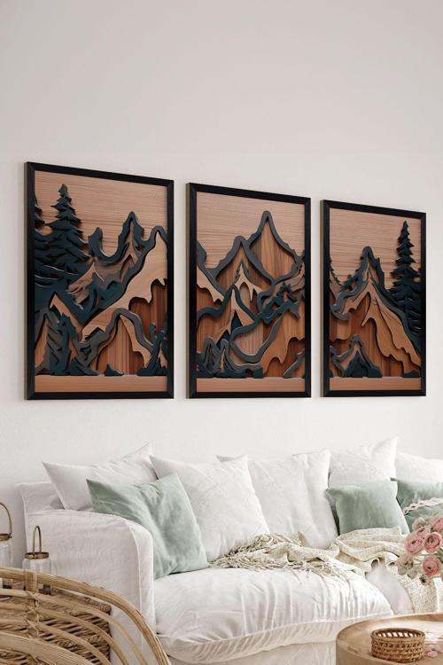 3 Parça Siyah Çerçeve Görünümlü Mdf Poster Tablo Seti - Set 12