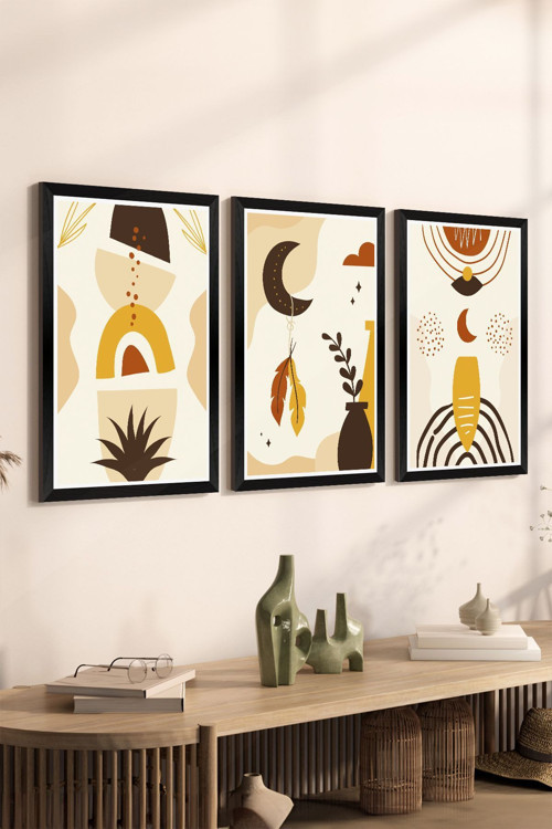3 Parça Siyah Çerçeve Görünümlü Mdf Tablo Seti - Set 17