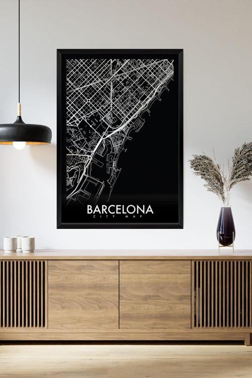 Tek Parça Siyah Çerçeve Görünümlü "Barcelona Siyah" Harita Mdf Tablo