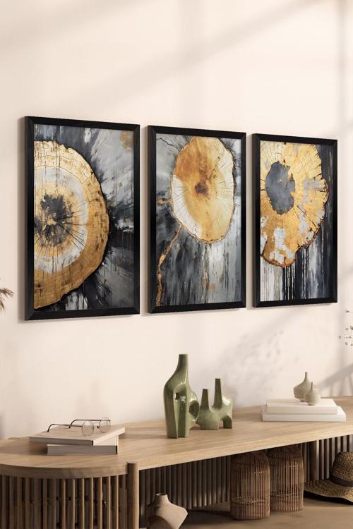 3 Parça Siyah Çerçeve Görünümlü Mdf Poster Tablo Seti - Set 10