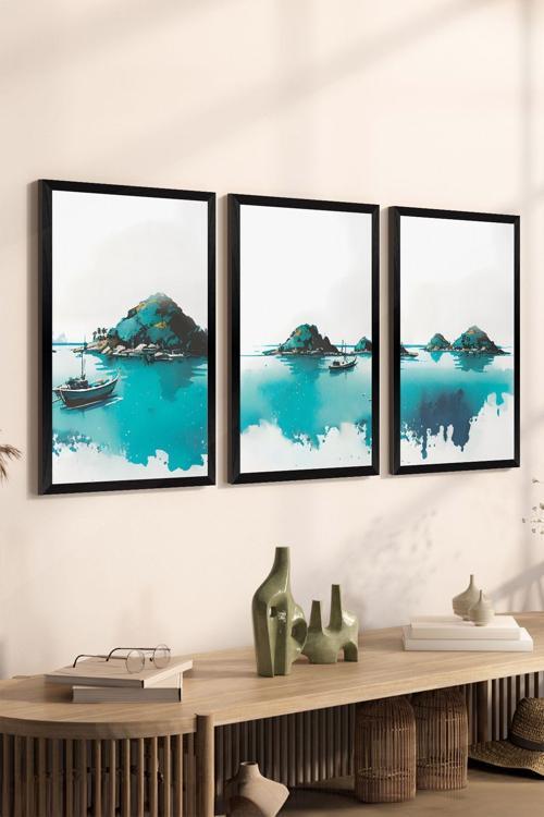 3 Parça Siyah Çerçeve Görünümlü Mdf Poster Tablo Seti - Set 18
