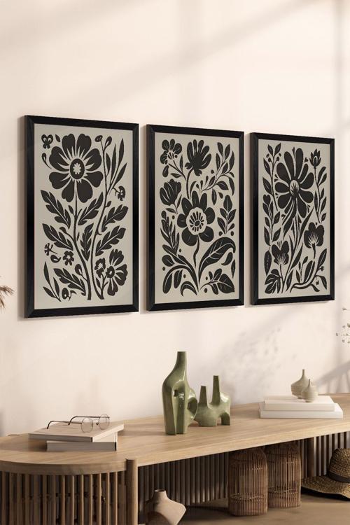 3 Parça Siyah Çerçeve Görünümlü Mdf Poster Tablo Seti - Set 30