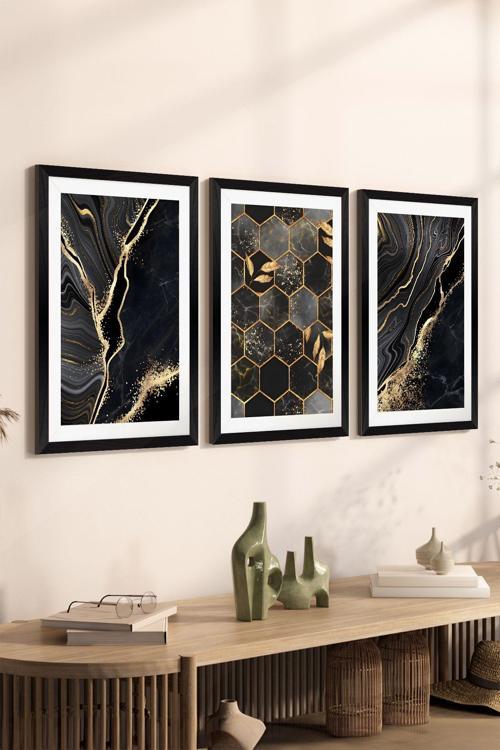 3 Parça Siyah Çerçeve Görünümlü Mdf Poster Tablo Seti - Set 38