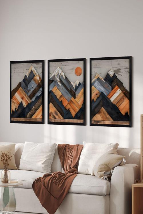 3 Parça Siyah Çerçeve Görünümlü Mdf Poster Tablo Seti - Set 21