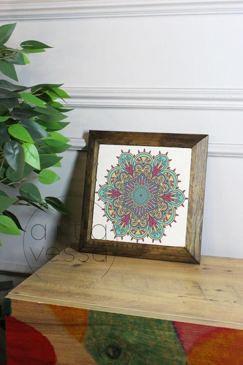 Masif Ahşap Çerçeveli Taş Tablo Pano 26 X 26 Cm - Mandala 6