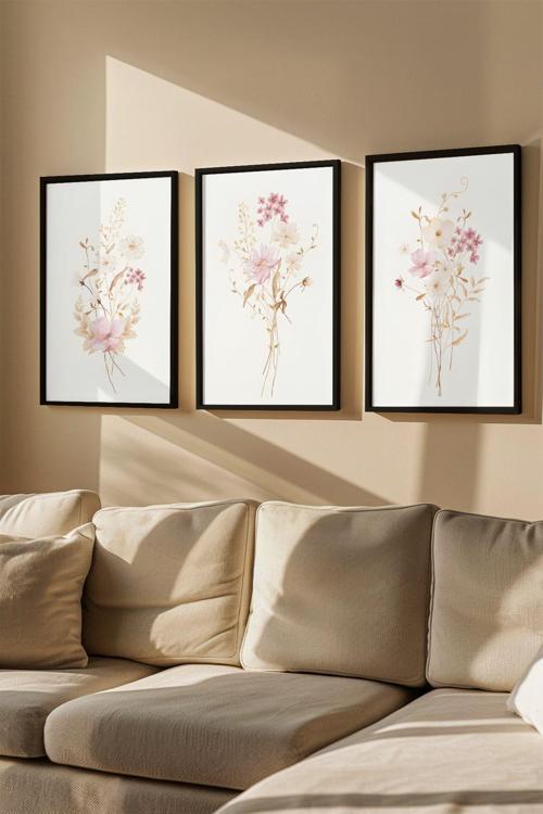 3 Parça Gerçek Ahşap Renkli Çerçeveli Tablo Seti - Model 19