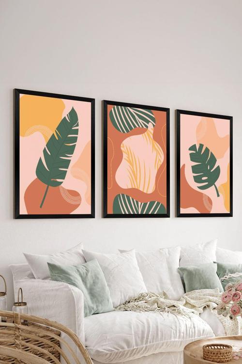 3 Parça Siyah Çerçeve Görünümlü Mdf Tablo Seti - Set 10