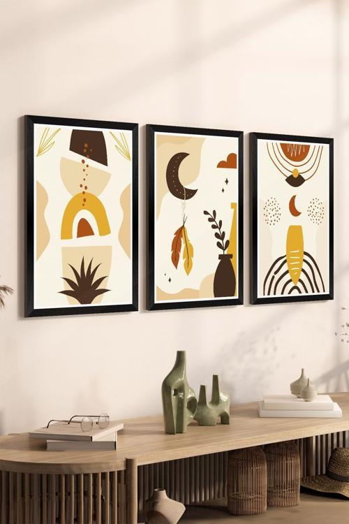 3 Parça Siyah Çerçeve Görünümlü Mdf Tablo Seti - Set 17