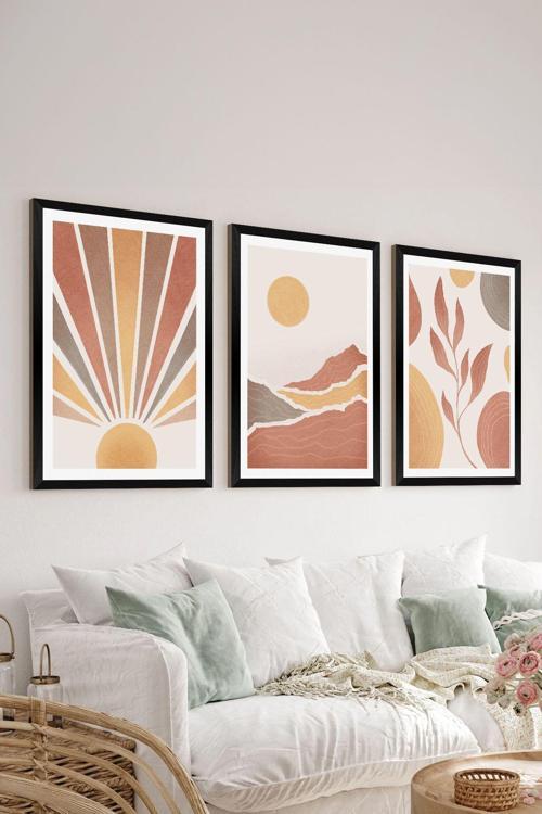 3 Parça Siyah Çerçeve Görünümlü Mdf Tablo Seti - Set 2