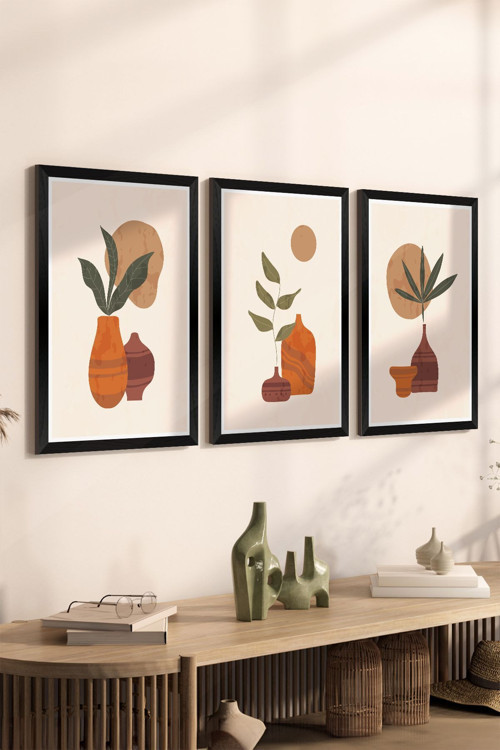 3 Parça Siyah Çerçeve Görünümlü Mdf Tablo Seti - Set 29