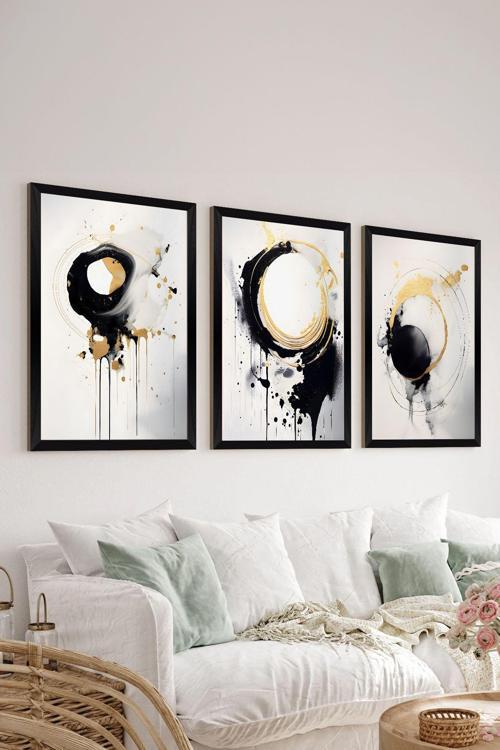 3 Parça Siyah Çerçeve Görünümlü Mdf Poster Tablo Seti - Set 28