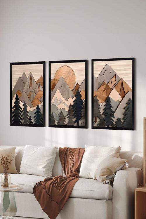 3 Parça Siyah Çerçeve Görünümlü Mdf Poster Tablo Seti - Set 29