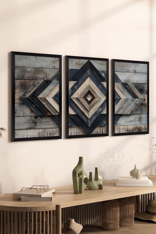 3 Parça Siyah Çerçeve Görünümlü Mdf Poster Tablo Seti - Set 6