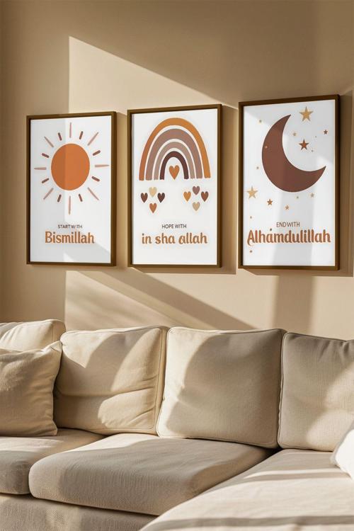 3 Parça Kahverengi Gerçek Ahşap Çerçeveli Tablo Seti - Model 21