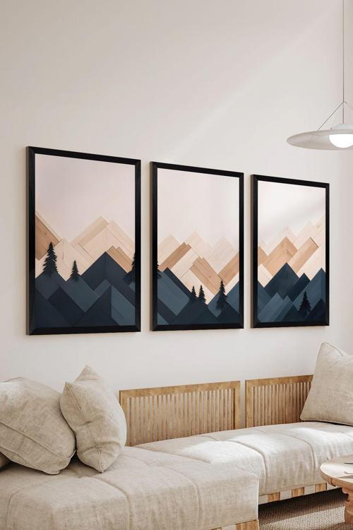 3 Parça Siyah Çerçeve Görünümlü Mdf Poster Tablo Seti - Set 15