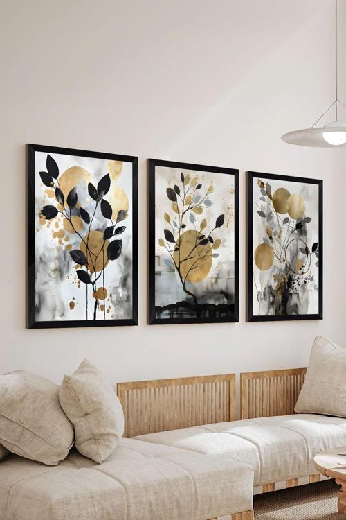 3 Parça Siyah Çerçeve Görünümlü Mdf Poster Tablo Seti - Set 27